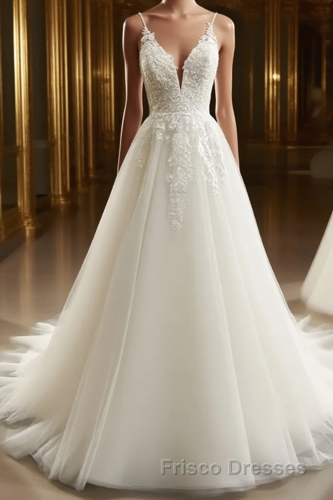 A-Line/Princess V-neck Sweep Train Tulle Wedding Dress With Appliques Lace Main image