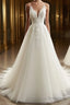 A-Line/Princess V-neck Sweep Train Tulle Wedding Dress With Appliques Lace