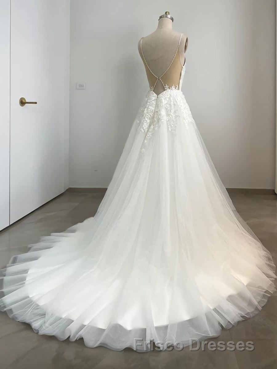 A-Line/Princess V-neck Sweep Train Tulle Wedding Dress With Appliques Lace Secondary image