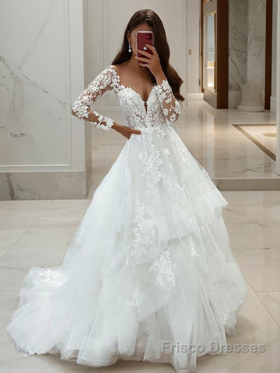 A-Line/Princess V-neck Sweep Train Tulle Wedding Dresses With Appliques Lace Main image