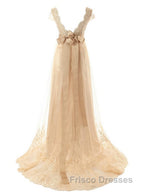 A-Line/Princess V-neck Sweep Train Tulle Wedding Dress With Beading