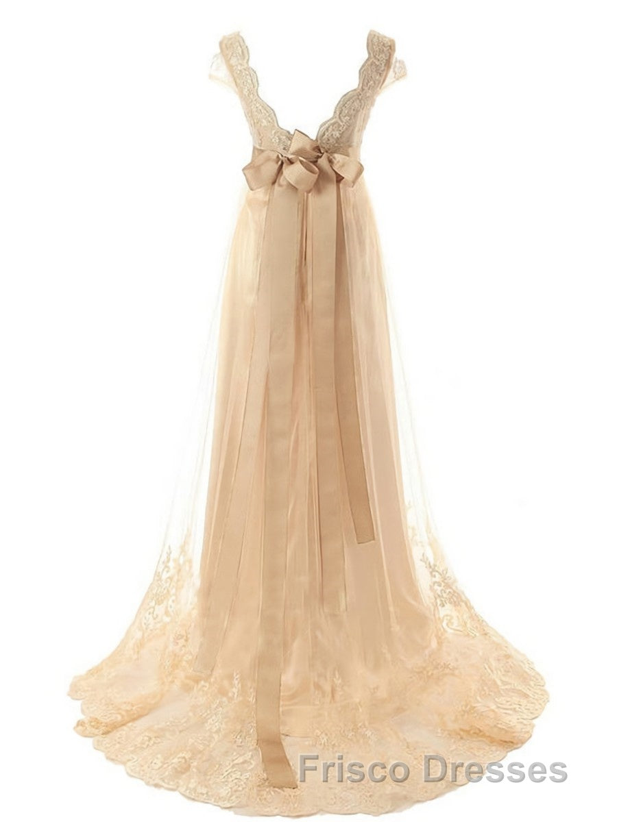 A-Line/Princess V-neck Sweep Train Tulle Wedding Dress With Beading