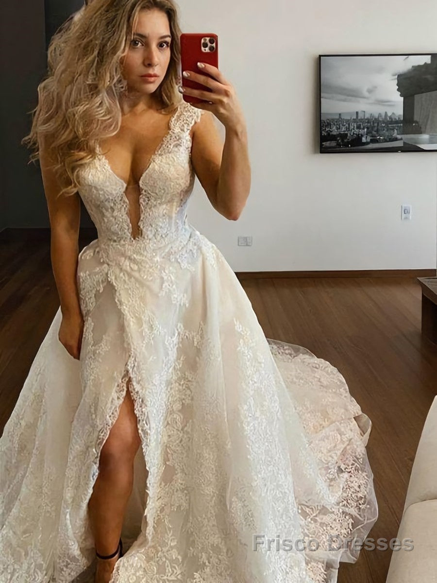 A-Line/Princess V-neck Sweep Train Tulle Wedding Dresses With Leg Slit Main image