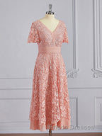 A-Line/Princess V-neck Tea-Length Chiffon Mother of the Bride Dress With Appliques Lace