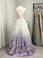 A-Line/Princess V-Neck Tulle Applique Sleeveless Floor-Length Formal Prom Dress
