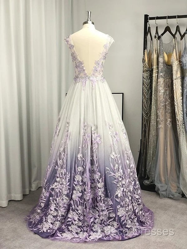 A-Line/Princess V-Neck Tulle Applique Sleeveless Floor-Length Formal Prom Dress