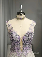 A-Line/Princess V-Neck Tulle Applique Sleeveless Floor-Length Formal Prom Dress