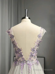 A-Line/Princess V-Neck Tulle Applique Sleeveless Floor-Length Prom Dresses