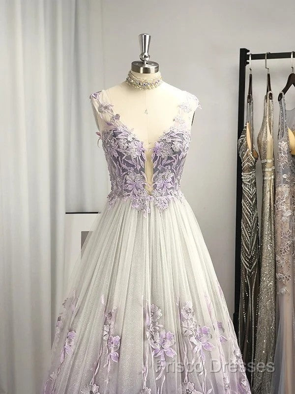A-Line/Princess V-Neck Tulle Applique Sleeveless Floor-Length Formal Prom Dress