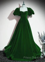 A-Line Princess Velvet Backless Ballgown Long Party Dress Short Sleeves Formal Dress Formal Prom Dress