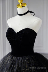 A-Line Prom Dresses Black Dress Dress Formal Birthday Floor Length Sleeveless Strapless Tulle With Ruched Sequin