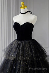 A-Line Prom Dresses Black Dress Dress Formal Birthday Floor Length Sleeveless Strapless Tulle With Ruched Sequin