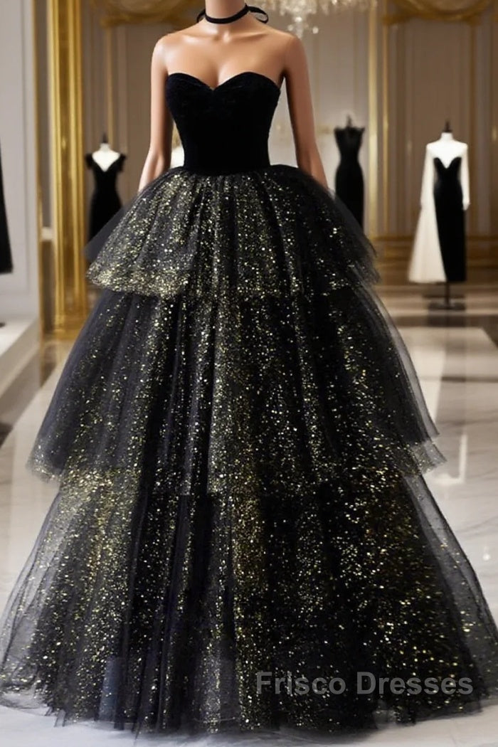A-Line Formal Prom Dress Black Dress Dress Formal Birthday Floor Length Sleeveless Strapless Tulle With Ruched Sequin Main image