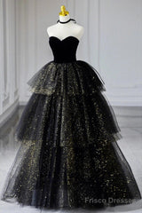 A-Line Prom Dresses Black Dress Dress Formal Birthday Floor Length Sleeveless Strapless Tulle With Ruched Sequin