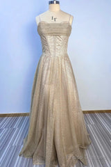A-Line Prom Dresses Corsets Dress Wedding Party Sweep / Brush Train Sleeveless Spaghetti Strap Tulle With Glitter Pleats