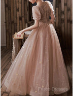A-Line Formal Prom Dress Elegant Dress Engagement Formal Prom Floor Length Half Sleeve Square Neck Satin With Appliques