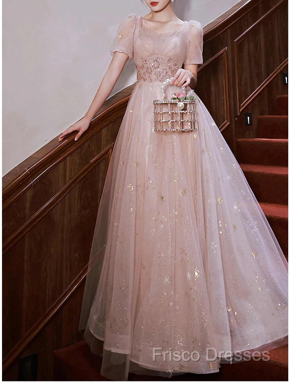 A-Line Formal Prom Dress Elegant Dress Engagement Formal Prom Floor Length Half Sleeve Square Neck Satin With Appliques