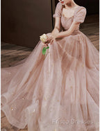 A-Line Formal Prom Dress Elegant Dress Engagement Formal Prom Floor Length Half Sleeve Square Neck Satin With Appliques