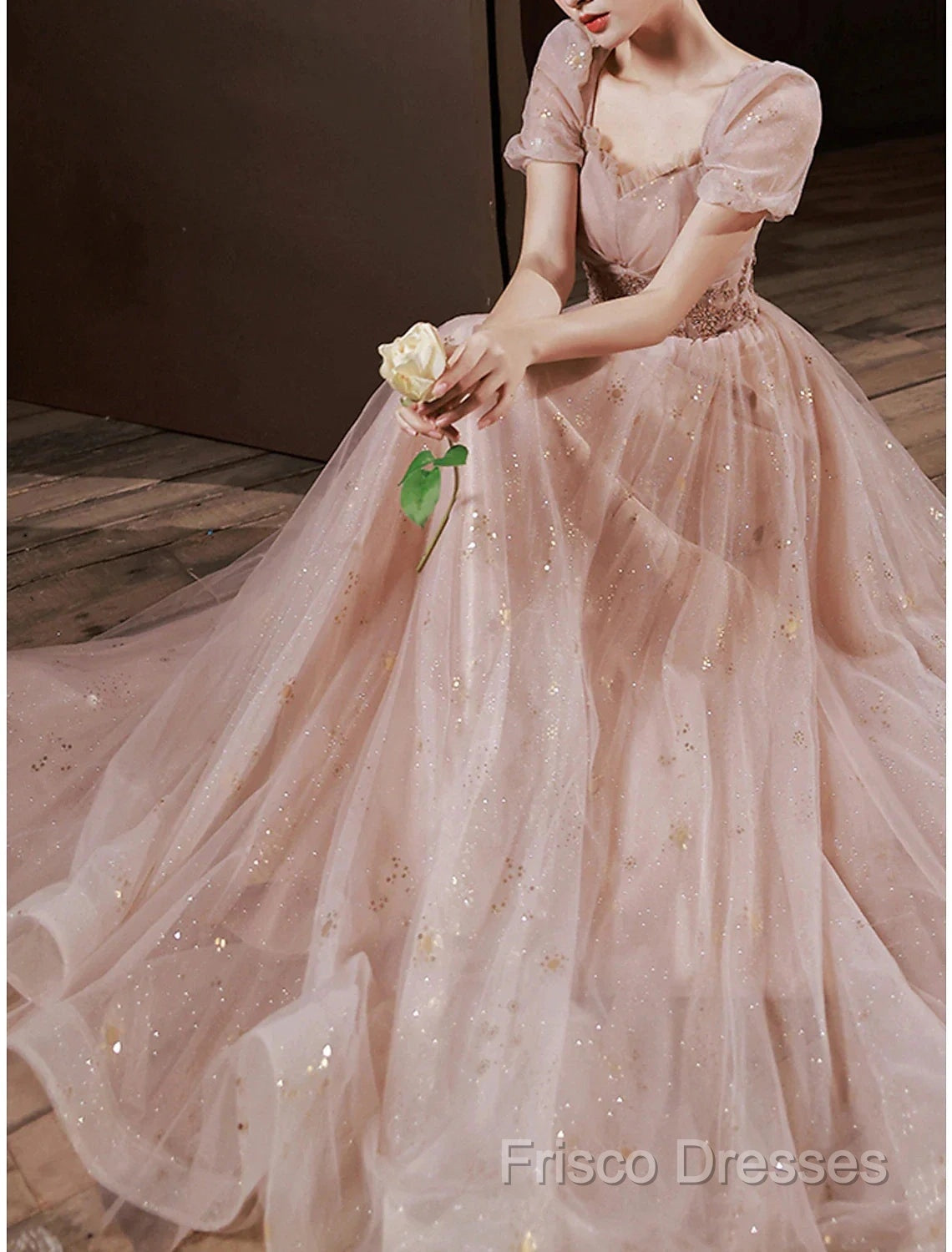 A-Line Formal Prom Dress Elegant Dress Engagement Formal Prom Floor Length Half Sleeve Square Neck Satin With Appliques