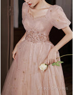A-Line Formal Prom Dress Elegant Dress Engagement Formal Prom Floor Length Half Sleeve Square Neck Satin With Appliques