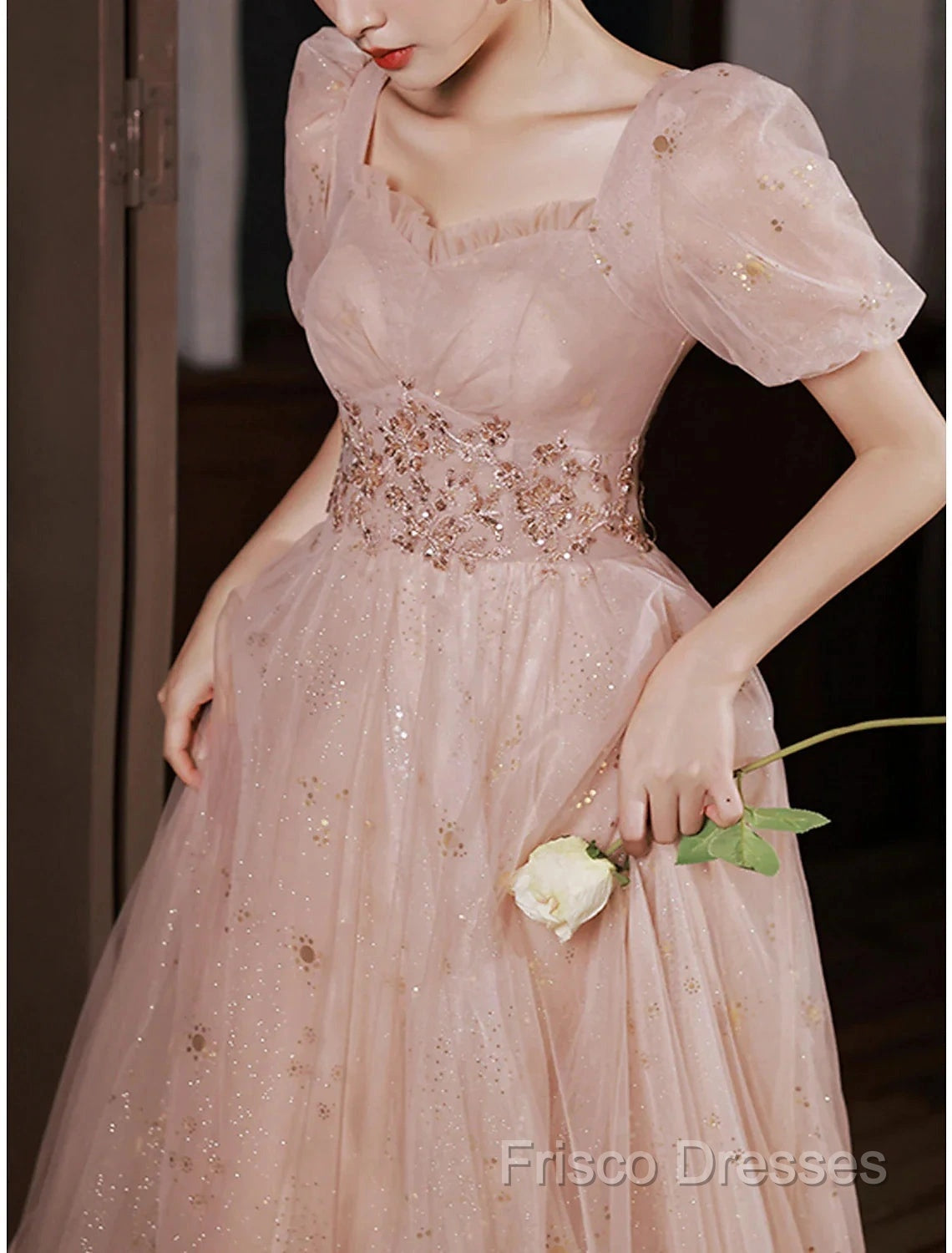 A-Line Formal Prom Dress Elegant Dress Engagement Formal Prom Floor Length Half Sleeve Square Neck Satin With Appliques