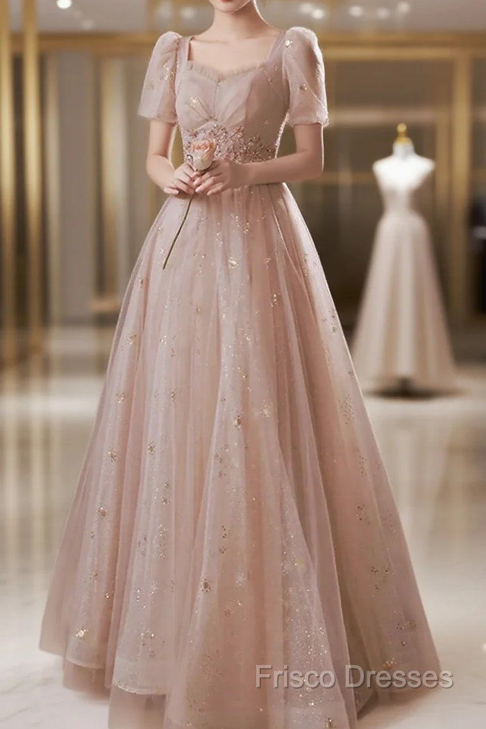 A-Line Formal Prom Dress Elegant Dress Engagement Formal Prom Floor Length Half Sleeve Square Neck Satin With Appliques Main image