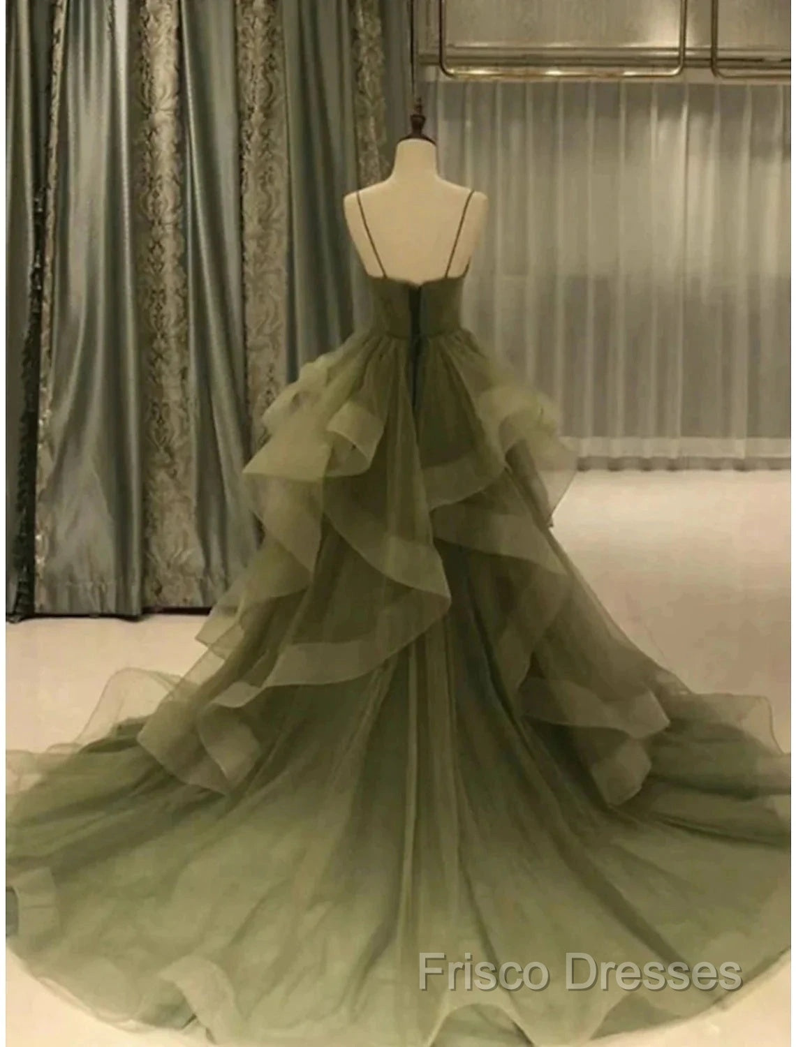 A-Line Formal Prom Dress Elegant Dress Formal Court Train Christmas Red Green Dress Sleeveless Spaghetti Strap Tulle With Pleats Ruffles