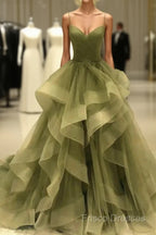 A-Line Formal Prom Dress Elegant Dress Formal Court Train Christmas Red Green Dress Sleeveless Spaghetti Strap Tulle With Pleats Ruffles