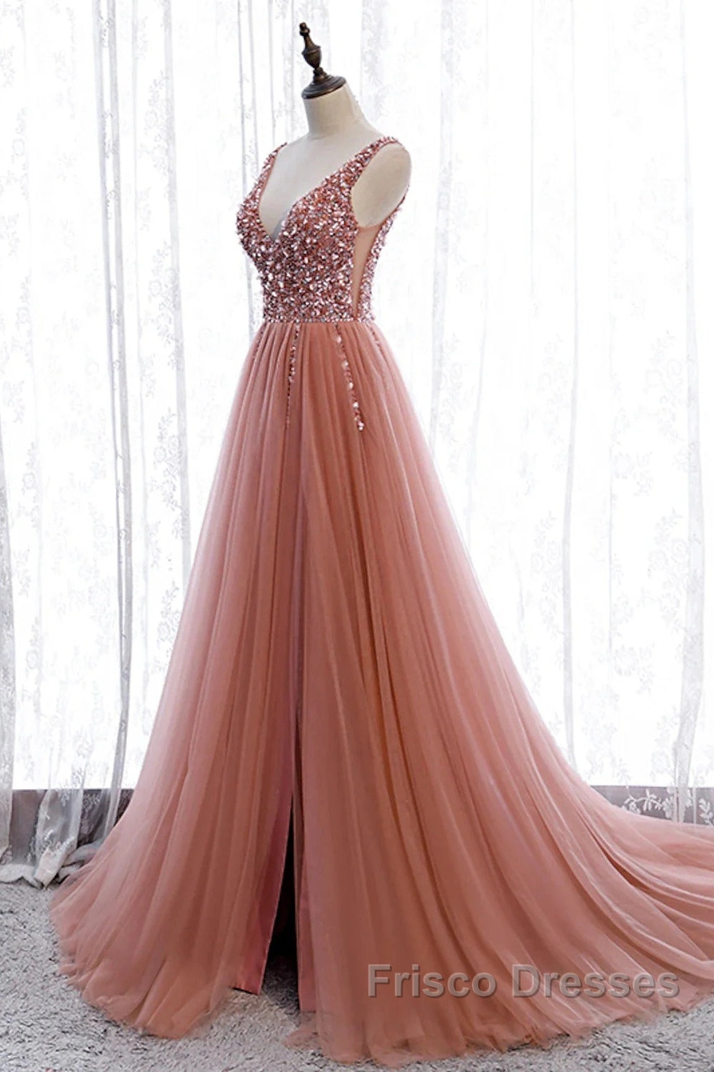 A-Line Formal Prom Dress Elegant Dress Party Wear Court Train Sleeveless V Neck Polyester With Pearls Embroidery Secondary image