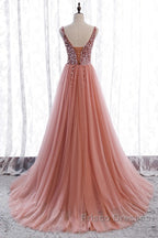 A-Line Formal Prom Dress Elegant Dress Party Wear Court Train Sleeveless V Neck Polyester With Pearls Embroidery