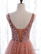 A-Line Formal Prom Dress Elegant Dress Party Wear Court Train Sleeveless V Neck Polyester With Pearls Embroidery