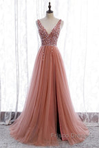 A-Line Formal Prom Dress Elegant Dress Party Wear Court Train Sleeveless V Neck Polyester With Pearls Embroidery