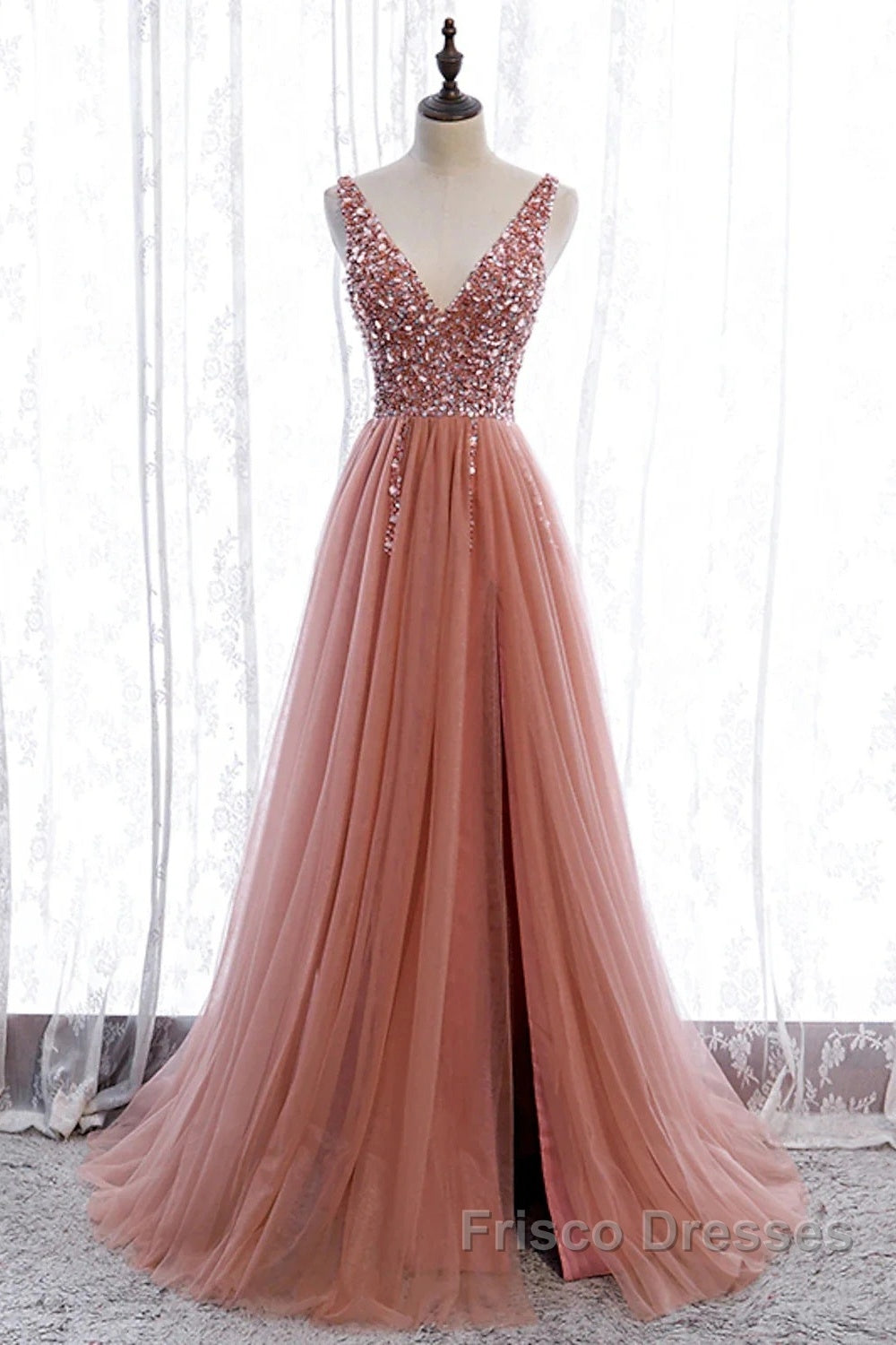 A-Line Formal Prom Dress Elegant Dress Party Wear Court Train Sleeveless V Neck Polyester With Pearls Embroidery