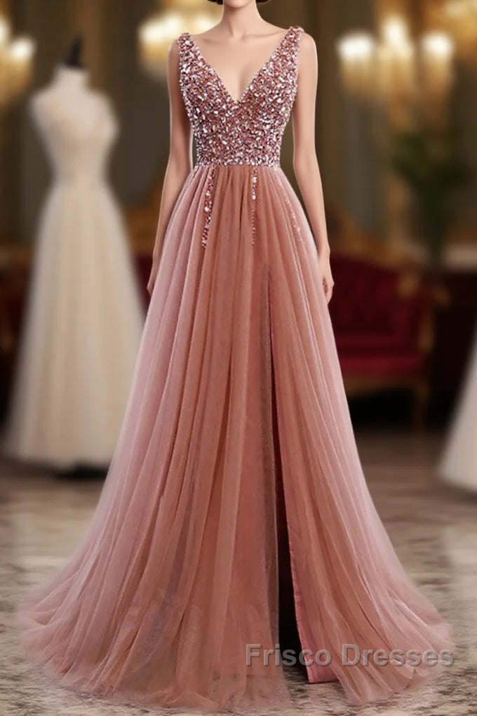 A-Line Formal Prom Dress Elegant Dress Party Wear Court Train Sleeveless V Neck Polyester With Pearls Embroidery Main image