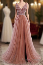 A-Line Formal Prom Dress Elegant Dress Party Wear Court Train Sleeveless V Neck Polyester With Pearls Embroidery