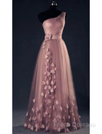 A-Line Formal Prom Dress Elegant Dress Wedding Floor Length Sleeveless One Shoulder Tulle With Appliques