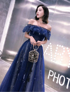 A-Line Prom Dresses Elegant Dress Wedding Guest Party Wear Floor Length Short Sleeve Off Shoulder Tulle With Embroidery Tiered