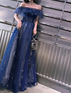 A-Line Prom Dresses Elegant Dress Wedding Guest Party Wear Floor Length Short Sleeve Off Shoulder Tulle With Embroidery Tiered Dress To Impress