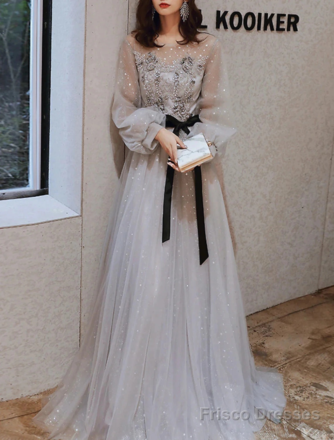 A-Line Prom Dresses Floral Dress Wedding Guest Engagement Sweep / Brush Train Long Sleeve Jewel Neck Tulle With Appliques