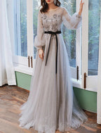 A-Line Prom Dresses Floral Dress Wedding Guest Engagement Sweep / Brush Train Long Sleeve Jewel Neck Tulle With Appliques