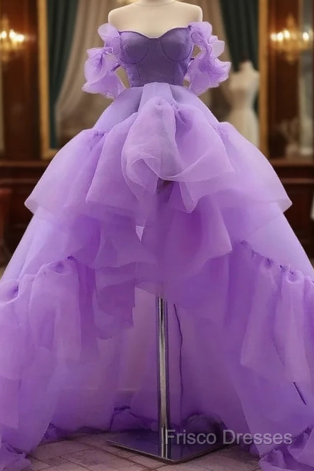 A-Line Formal Prom Dress High Low Dress Quinceanera Asymmetrical Purple Short Sleeve Off Shoulder Tulle With Tier