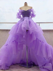 A-Line Prom Dresses High Low Dress Quinceanera Asymmetrical Purple Short Sleeve Off Shoulder Tulle With Tier