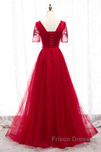 A-Line Formal Prom Dress Luxurious Dress Wedding Guest Formal Evening Floor Length Short Sleeve Spaghetti Strap Tulle