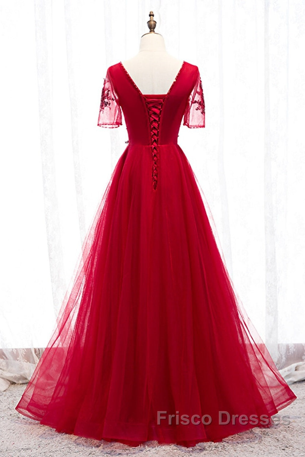 A-Line Formal Prom Dress Luxurious Dress Wedding Guest Formal Evening Floor Length Short Sleeve Spaghetti Strap Tulle