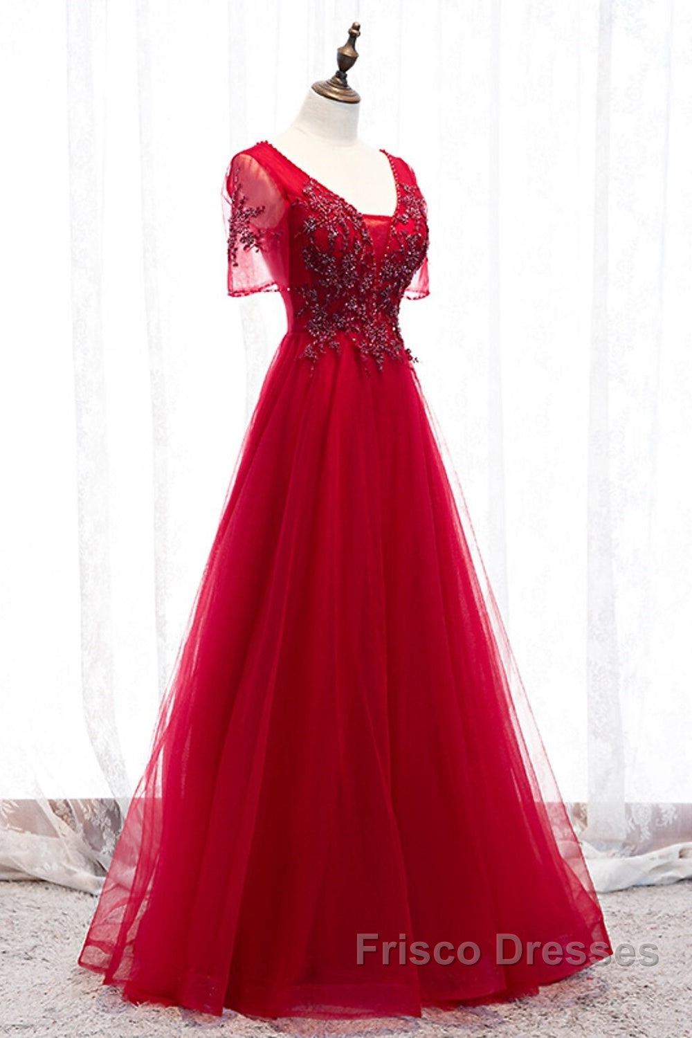 A-Line Formal Prom Dress Luxurious Dress Wedding Guest Formal Evening Floor Length Short Sleeve Spaghetti Strap Tulle