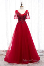 A-Line Formal Prom Dress Luxurious Dress Wedding Guest Formal Evening Floor Length Short Sleeve Spaghetti Strap Tulle