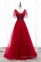 A-Line Formal Prom Dress Luxurious Dress Wedding Guest Formal Evening Floor Length Short Sleeve Spaghetti Strap Tulle
