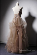 A-Line Formal Prom Dress Open Back Dress Formal Wedding Party Floor Length Sleeveless Spaghetti Strap Lace With Ruffles Appliques