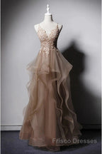 A-Line Formal Prom Dress Open Back Dress Formal Wedding Party Floor Length Sleeveless Spaghetti Strap Lace With Ruffles Appliques