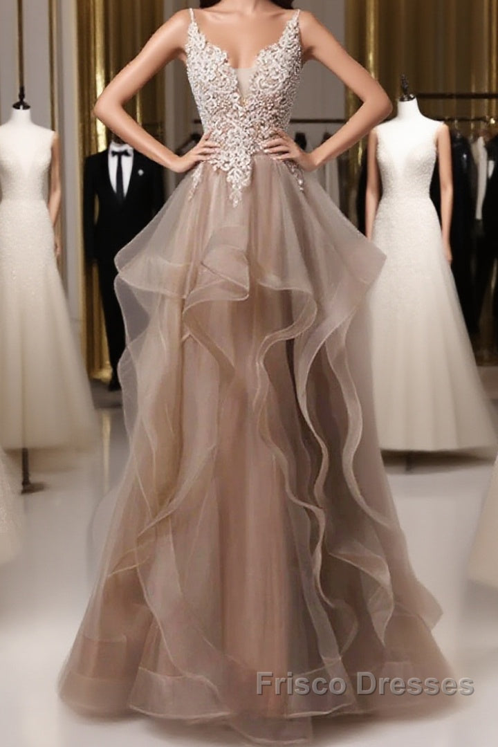 A-Line Formal Prom Dress Open Back Dress Formal Wedding Party Floor Length Sleeveless Spaghetti Strap Lace With Ruffles Appliques Main image